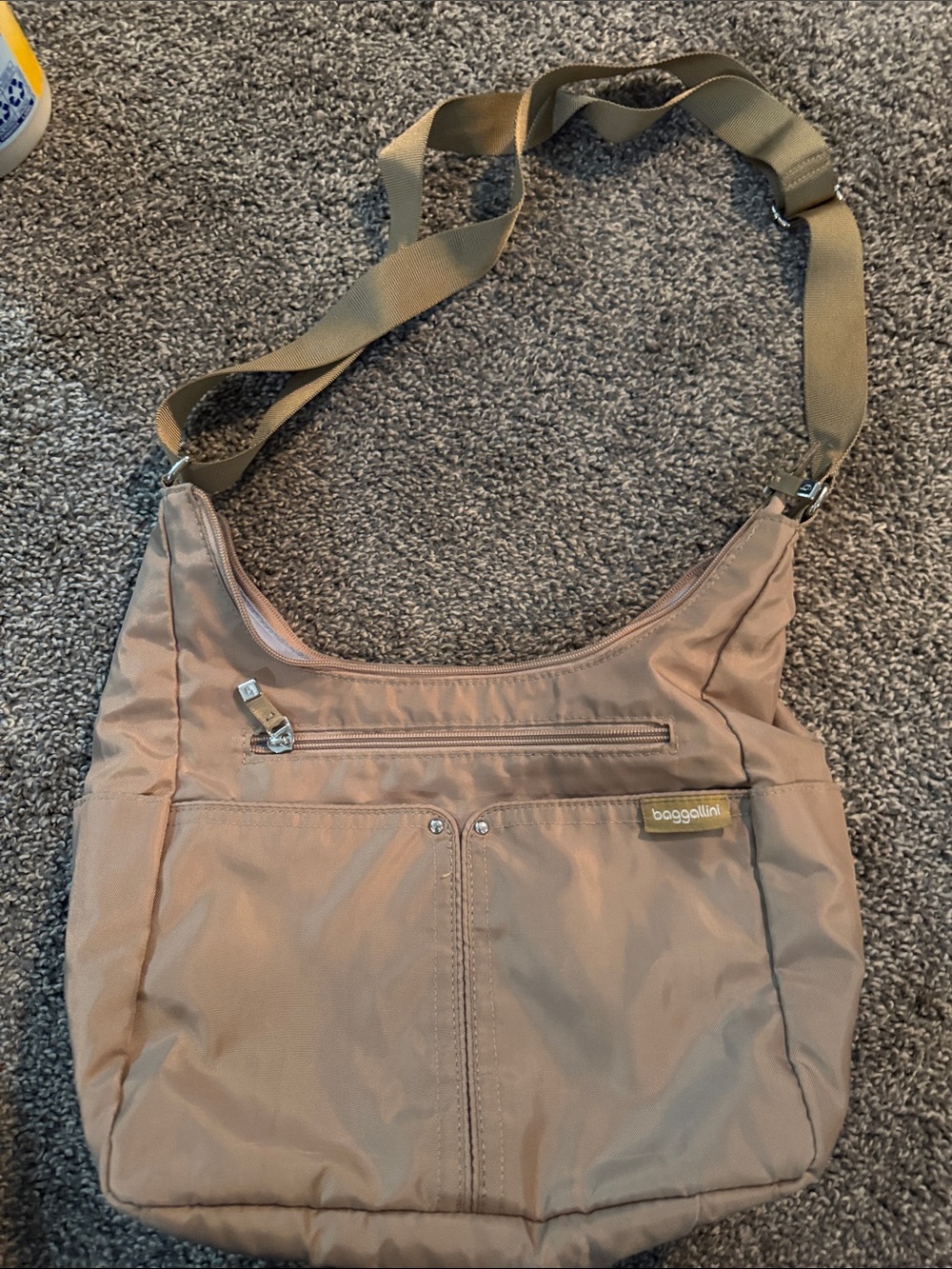 Baggallini Taupe Nylon Messenger Bag with Olive Strap